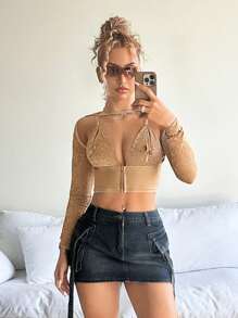 SHEIN ICON Top Desestructurado Con Encaje Y Huecos Estilo Y2k Para Mujer - Caqui - Ver 6