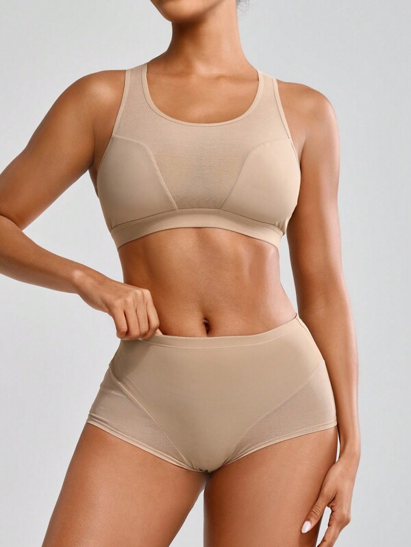 Damen Sheer Mesh Insert Backless Bodycon Shapewear Set