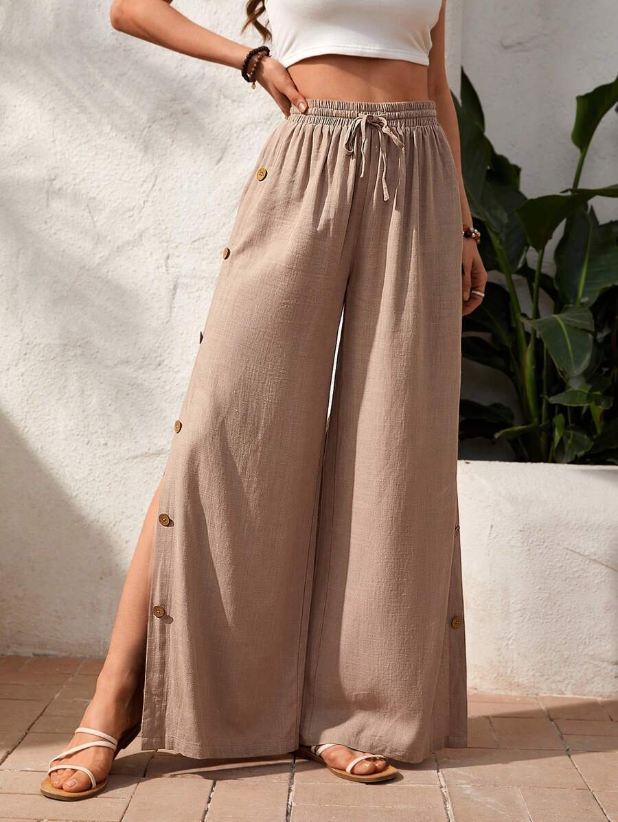 SHEIN VCAY Women's Button Decoration Slit Long Pants For Vacation - Khaki - View 1