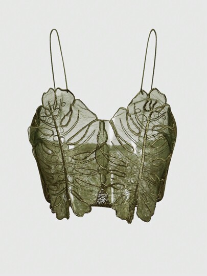 Fairycore Solid Color Lace Trim Shirred Cami Top With Leaf Print