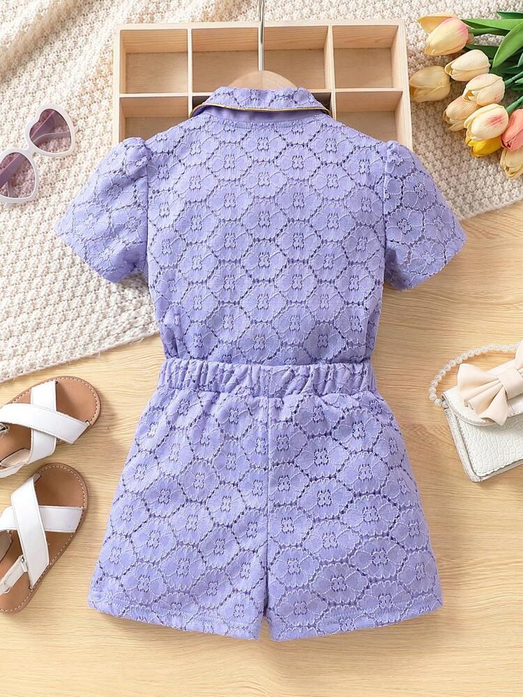 Young Girl Light Purple Lace Collar Short Sleeve Top And Shorts Set
