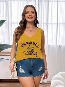 SHEIN LUNE Plus Size Slogan Printed V-Neck Tank Top