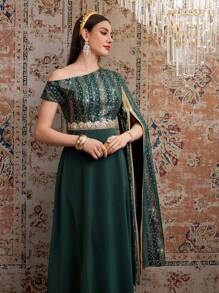 Modelyn 女士不对称领斗篷袖连衣裙，优雅晚会礼服长款晚礼服 - 綠色 - 查看 5