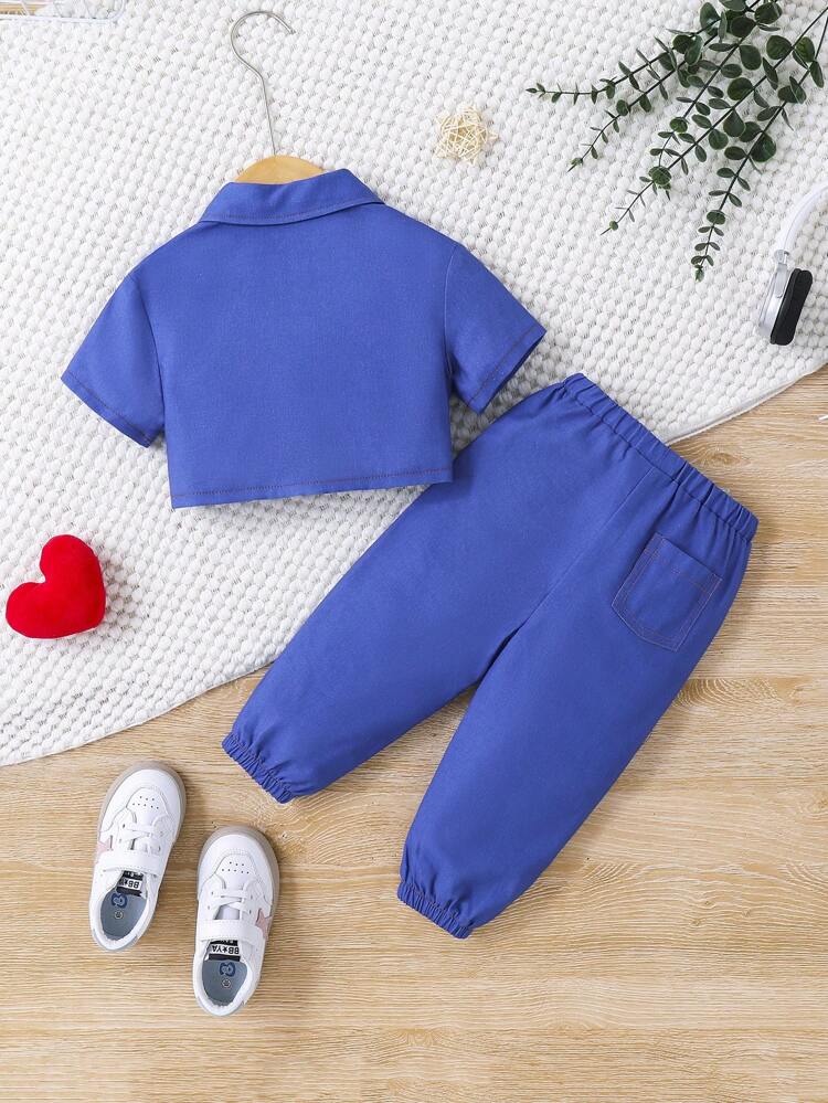 Baby Girl Casual Blue Short Sleeve Jacket & Cartoon Pattern Elastic Waist Long Pants Set