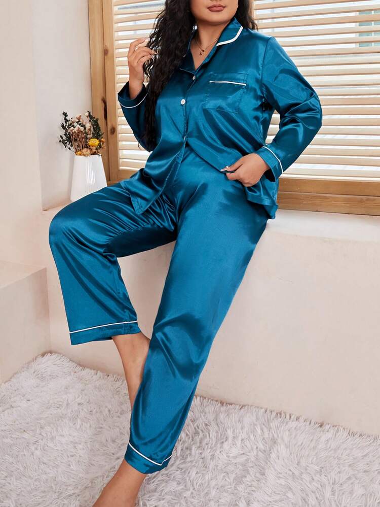 Plus Size Color Block Trim Long Sleeve Shirt And Pants Satin Pajama Set, Fall Clothes