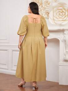 Modelyn Vestido de talla grande para mujer con cuello cuadrado y mangas cortas abullonadas, vestido de invitada de boda - Amarillo - Ver 2