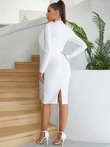 简约性感绷带拼接网眼紧身长袖连衣裙