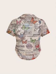 SHEIN EZwear 女性蝴蝶印花網眼緊身上衣,夾帶廣告語 - 卡其色 - 查看 4