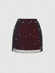 SHEIN Unity Ladies' Sparkly Mesh Tulle Skirt - Red - View 2