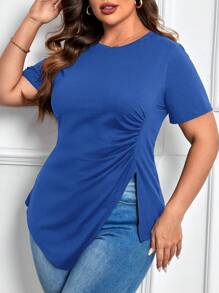 SHEIN LUNE 大码女式褶皱不对称下摆 T 恤