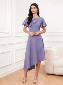 Modelyn Women's Decorative Button Asymmetrical Hem Ruffle Hem Dress - Purple - View 4