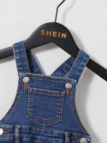SHEIN 嬰兒男童舒適柔軟洗水破洞高彈力修身休閒牛仔背帶褲 - 中等水洗藍 - 查看 3