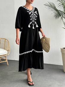 RueChic Embroidery Detail Modest Dress - Black - View 5