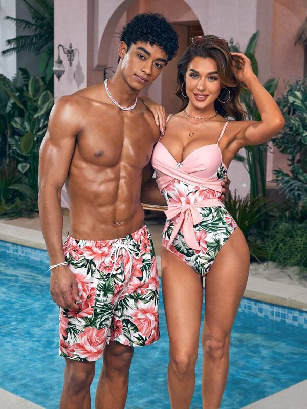 Manfinity VDAYZ 1 buc. Pantaloni scurți de plajă pentru bărbați, cu imprimeu grafic cu flori tropicale, costum de baie asortat pentru cupluri, pentru plajă, vacanță, hawaian