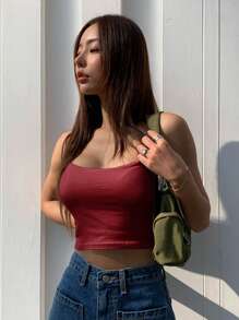 DAZY Solid Color Cropped Camisole Tank Top Preppy Tops - Red - View 2