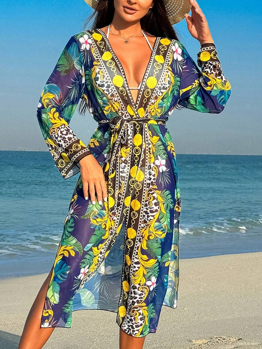 Swim Vcay 复古印花和服式上衣，长袖，充满海滩度假风情 - 彩色 - 查看 1