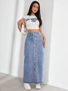 SHEIN EZwear Women's Long Denim Skirt With Front Button Closure