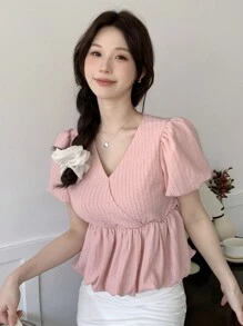 DAZY 女式纯色泡泡袖和泡泡下摆衬衫，荷叶边 - 粉色 - 查看 6