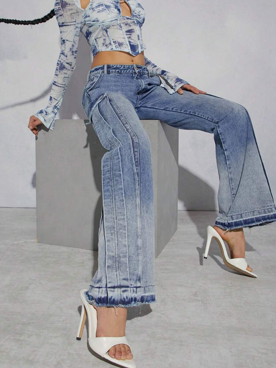 Denimoi 翻盖口袋褶皱阔腿休闲牛仔裤 - 淺色水洗藍 - 查看 1