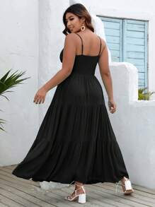 SHEIN VCAY Plus Size Women's High Slit Cami Dress - Black - View 2