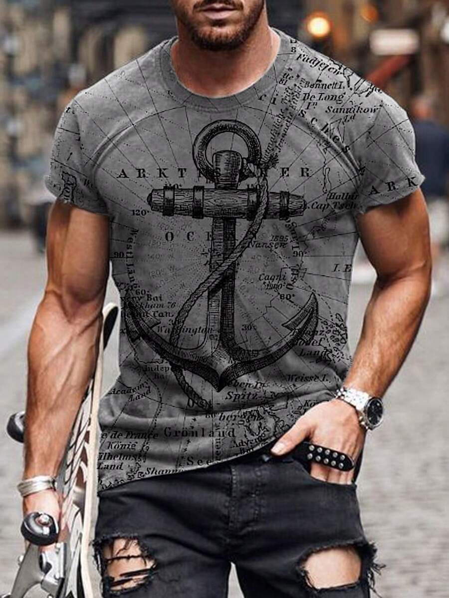 Men's Casual Anchor Print Short Sleeve Crew Neck T-Shirt, Summer - Black - View 1