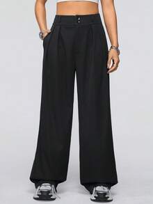 SHEIN Coolane Straight Leg Pants With Slant Pockets - Black - View 6