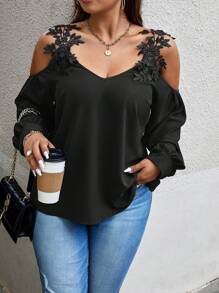 SHEIN Privé Plus Appliques Cold Shoulder Blouse - Black - View 3