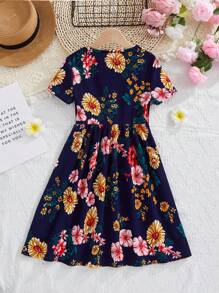 SHEIN 青春期女孩花卉圖案短袖圓領連衣裙 - 彩色 - 查看 3