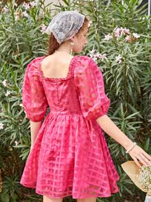 十多歲女孩的休閒格紋網格方領泡泡袖連衣裙 - 玫紅色 - 查看 3