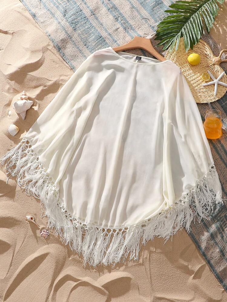 Beach Women Outfits Summer Women'S Vacation Loose Fit Translucent Shirt With Tassel Hem