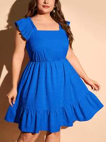SHEIN LUNE Plus Size Solid Color Square Neckline Ruffled Hem Dress - Royal Blue - View 1