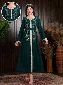 Al Najma 女士水晶装饰编织腰带拼接优雅卡夫坦连衣裙，优雅晚会连衣裙 - 綠色 - 查看 6