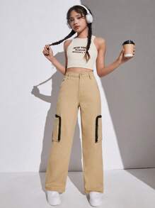 SHEIN Teen Girl's Cargo Style Pocketed Straight Leg Jeans - Khaki - View 4