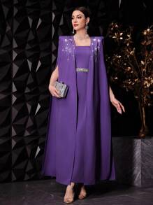 Modelyn Women's Cape Sleeve Dress With Rhinestone Decorations - Purple - View 4