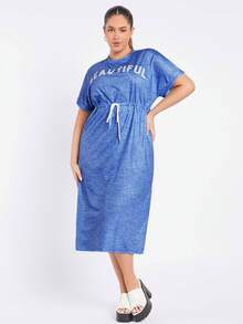 SHEIN Essnce Của phụ nữ Kích thước lớn Bên Khe Đúng mốt Đầm giản dị Với In thư Và Dây rút Vòng eo Cho mùa xuân Và Mùa hè - Màu xanh lam - Xem 3