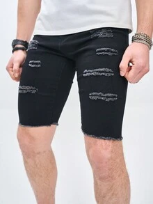 Manfinity LEGND Nam Kích thước lớn Thon gọn Rách Quần short Denim - màu đen - Xem 7