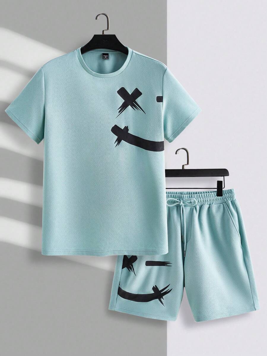 Manfinity VCAY Men's Emoticon Printed T-Shirt And Shorts Set - Green - View 1