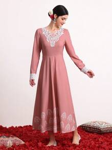 Divindia 女式刺繡裝飾長袖洋裝 - 粉色 - 查看 5