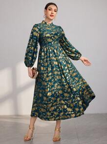 Modelyn Women's Lantern Sleeve Arabian Style Dress With Gold Print