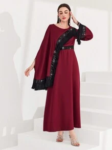 Modelyn Burgundy Red Women's Glitter Patchwork Fringe Decorated Bodycon Dress Long Evening Dresses Fall Cloth For Women - Burgundy - View 3