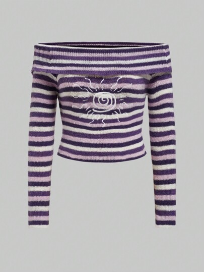 Hippie Pull pour femmes à épaules dénudées avec broderie de lune et d'étoiles, rayures ombrées