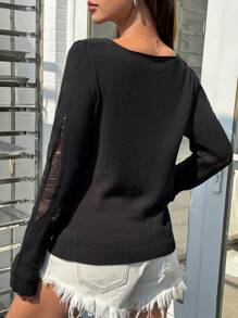 StreetHx Women's Hollow Out Letter Pattern Knitted Sweater  Fall Winter Outfit