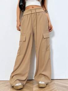 SHEIN EZwear Women's Plain Wide-Leg Cargo Pants - Khaki - View 3