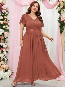 MIUSOL Plus Size Contrast Floral Lace Flounce Sleeve Chiffon Formal Evening Party Dress Wedding Guest Dress,Gown