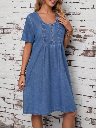 EMERY ROSE Women's Button Front Short Sleeve Denim Dress