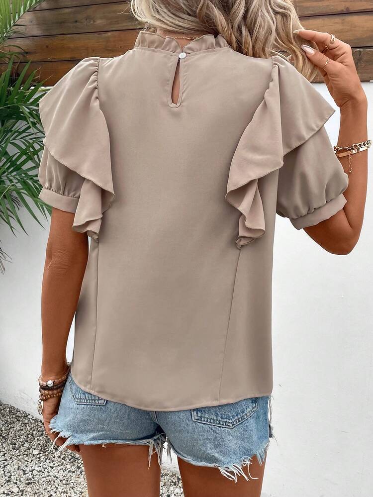 Women's Embroidered Applique Ruffle Hem Short Sleeve Blouse