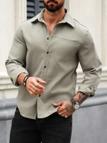 Manfinity Homme Men's Solid Color Long Sleeve Shirt - Grey - View 4