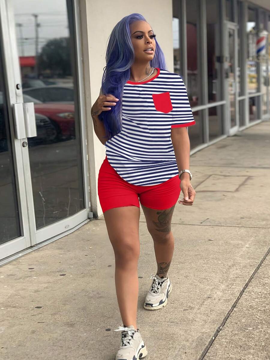 Summer New Fashion Classic Stripe Print Casual Sports 2 Pieces Set For Women