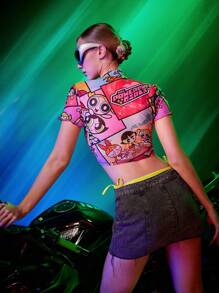 THE POWERPUFF GIRLS X SHEIN Dopamine Y2K Skinny Pop Art Patchwork Cartoon Graphic Mock Neck Crop Top - Multicolor - View 2
