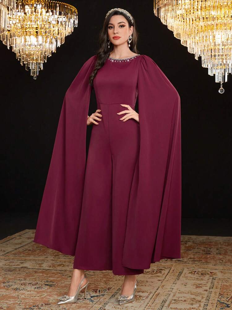 Burgundy Red 1pc Women's Jumpsuit With Cape Sleeves & Rhinestone Details, Waist Chain Not Included
